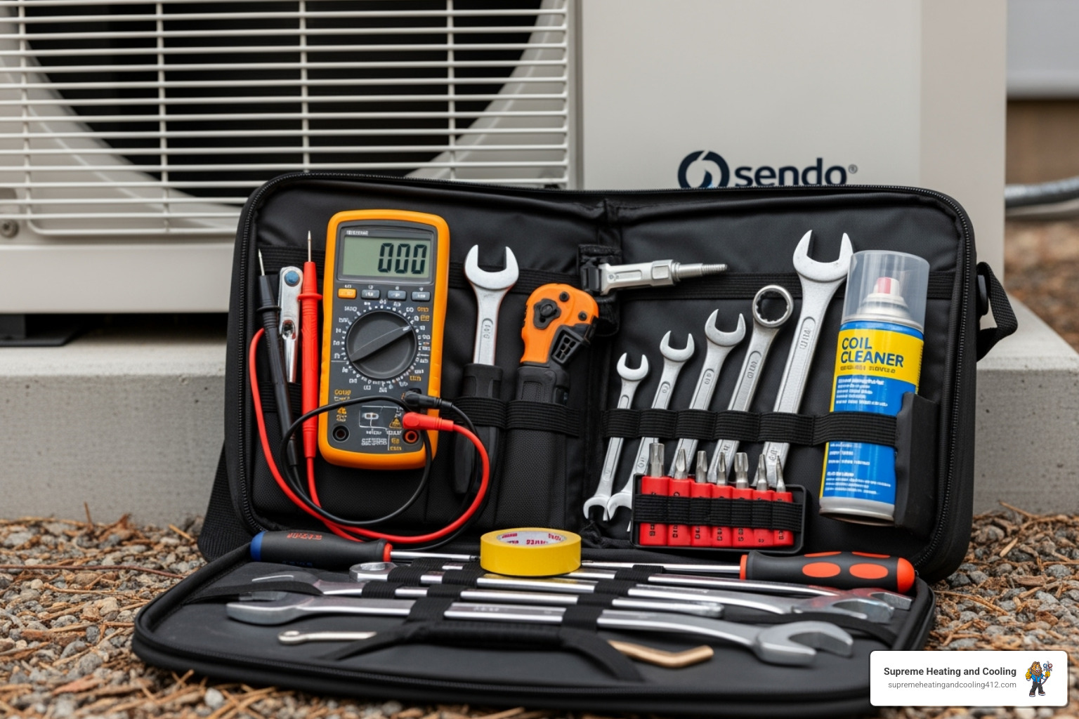 A technician's toolkit next to a heat pump unit - heat pump inspection in greensburg, pa