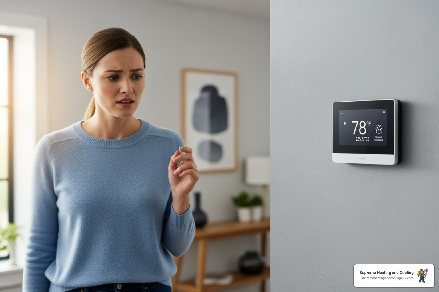 A homeowner looking concerned at their thermostat - heat pump inspection in greensburg, pa