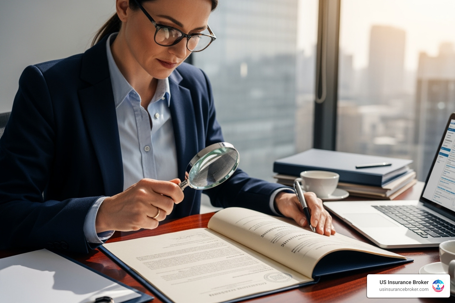 A compliance officer reviewing a certificate of exemption with a magnifying glass - workmans comp waiver florida A compliance officer reviewing a certificate of exemption with a magnifying glass - workmans comp waiver florida