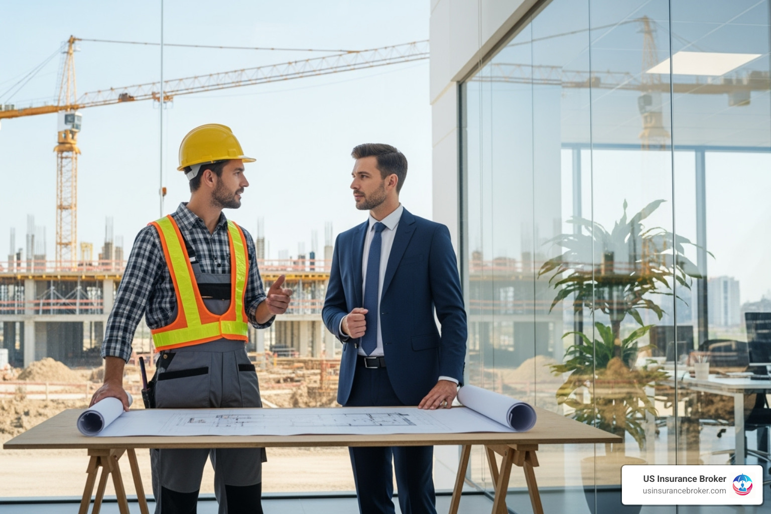 A construction site manager in a hard hat talking to an office manager in a business suit - workmans comp waiver florida A construction site manager in a hard hat talking to an office manager in a business suit - workmans comp waiver florida