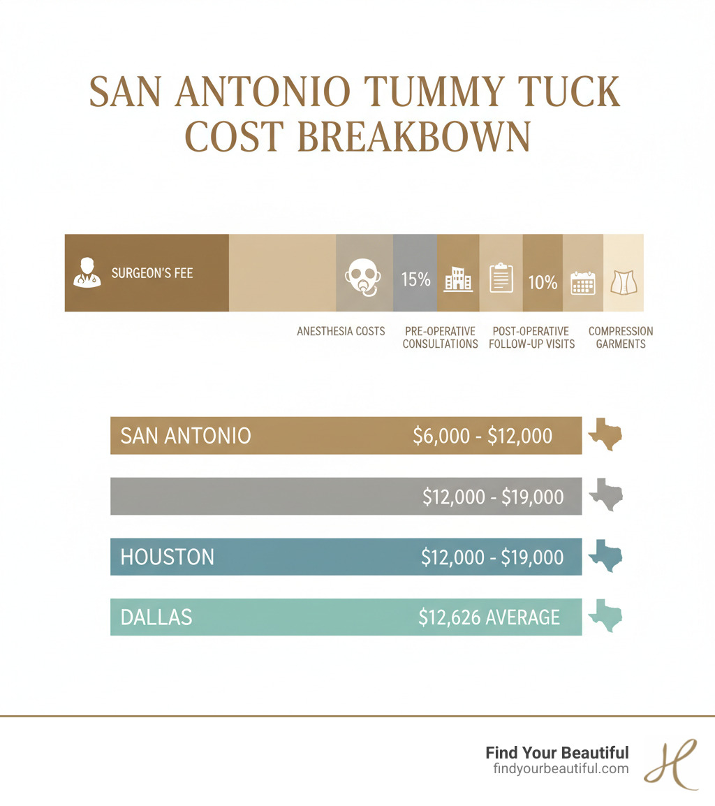Infographic showing the breakdown of San Antonio tummy tuck cost components: Surgeon's fee (largest portion), anesthesia costs, surgical facility fees, pre-operative consultations, post-operative follow-up visits, and compression garments. Includes comparison bars showing San Antonio's $6,000-$12,000 range versus Houston's $12,000-$19,000 and Dallas's $12,626 average, with icons representing each cost component. - san antonio tummy tuck cost infographic Infographic showing the breakdown of San Antonio tummy tuck cost components: Surgeon's fee (largest portion), anesthesia costs, surgical facility fees, pre-operative consultations, post-operative follow-up visits, and compression garments. Includes comparison bars showing San Antonio's $6,000-$12,000 range versus Houston's $12,000-$19,000 and Dallas's $12,626 average, with icons representing each cost component. - san antonio tummy tuck cost infographic
