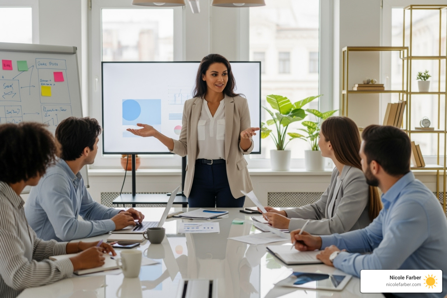 mother confidently leading a meeting in a Philadelphia office - Balancing motherhood and career