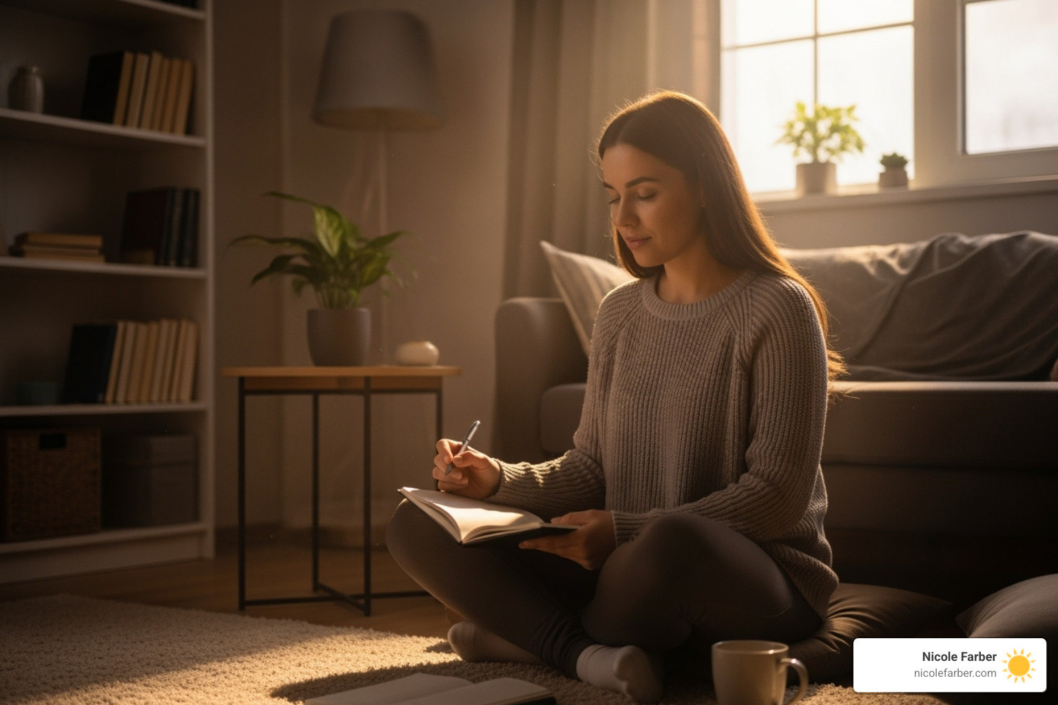mother meditating or journaling peacefully before her children wake up in a Luzerne County home - Balancing motherhood and career