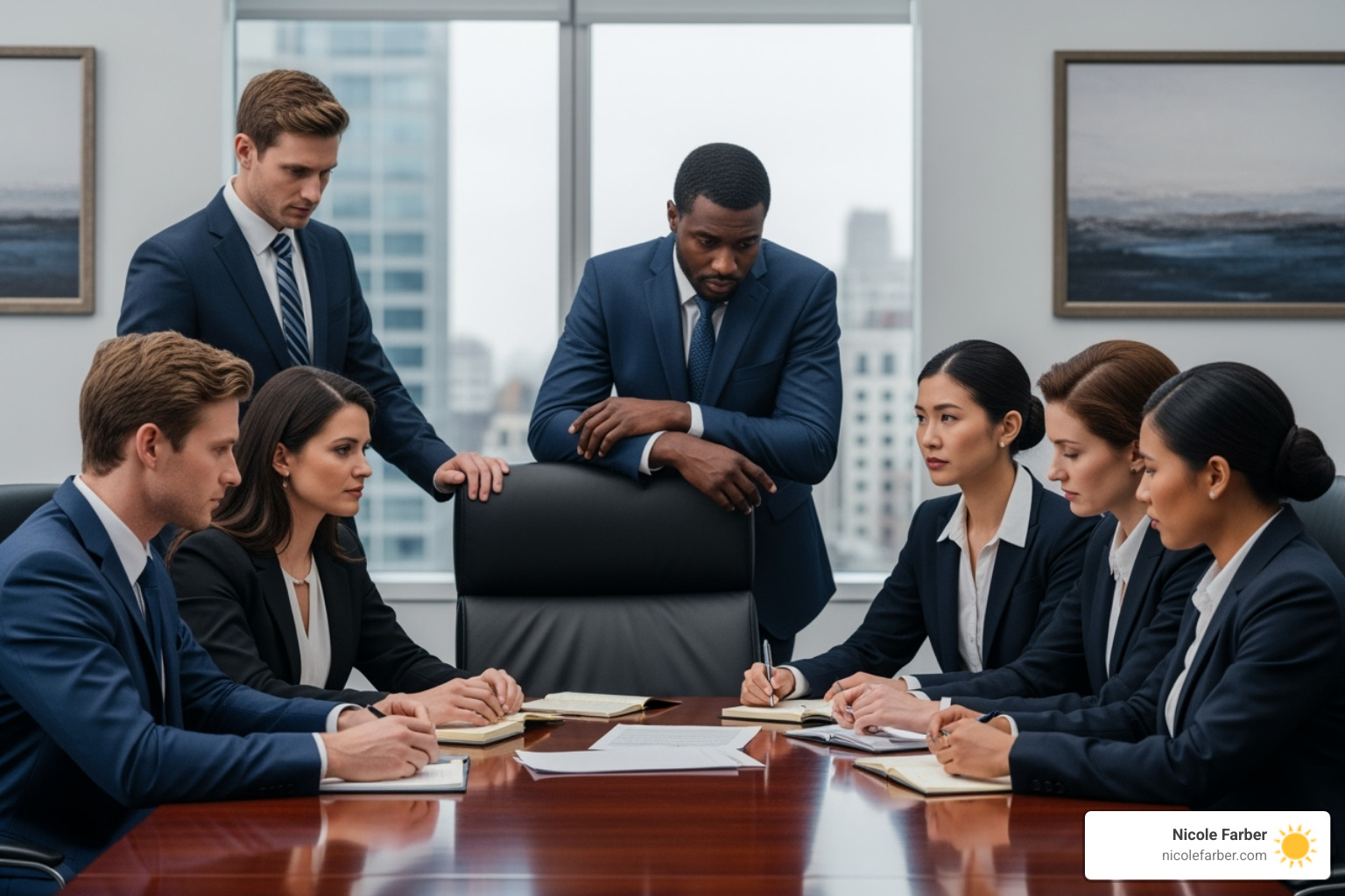 diverse legal professionals looking thoughtful and concerned - benifits of business coaching for lawyers