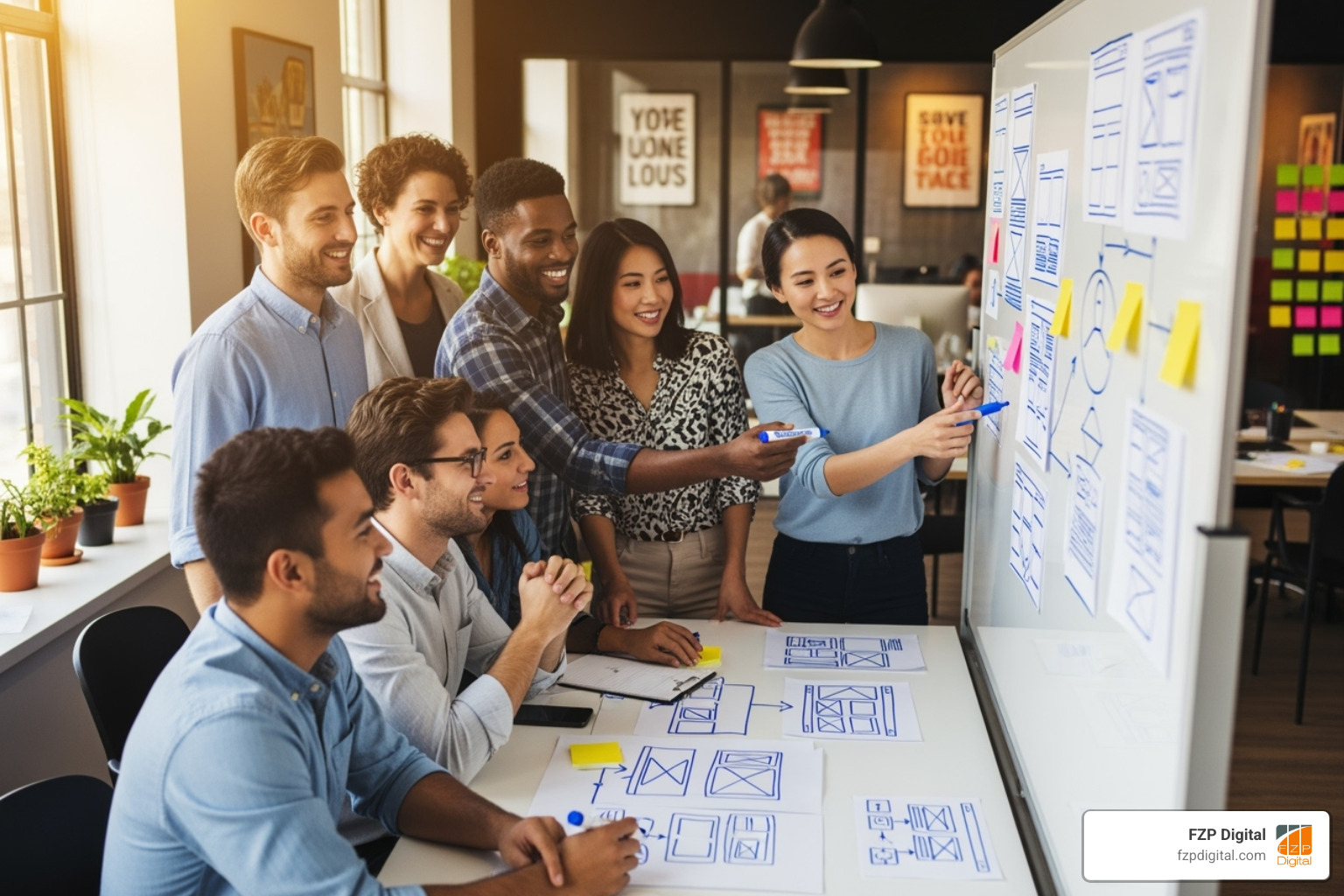 a collaborative team meeting, sketching out website designs on a whiteboard - wordpress web design philadelphia a collaborative team meeting, sketching out website designs on a whiteboard - wordpress web design philadelphia