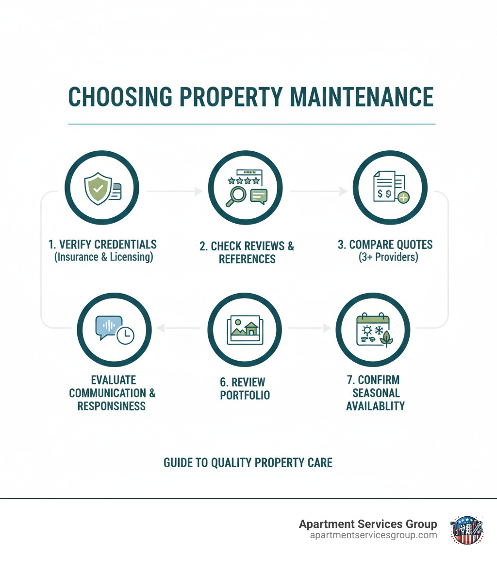 Infographic showing the key factors in choosing property maintenance: 1. Verify insurance and licensing 2. Check online reviews and references 3. Compare detailed quotes from 3+ providers 4. Assess range of services offered 5. Evaluate communication and responsiveness 6. Review portfolio of past work 7. Confirm availability for seasonal needs - garden and property maintenance near me infographic Infographic showing the key factors in choosing property maintenance: 1. Verify insurance and licensing 2. Check online reviews and references 3. Compare detailed quotes from 3+ providers 4. Assess range of services offered 5. Evaluate communication and responsiveness 6. Review portfolio of past work 7. Confirm availability for seasonal needs - garden and property maintenance near me infographic