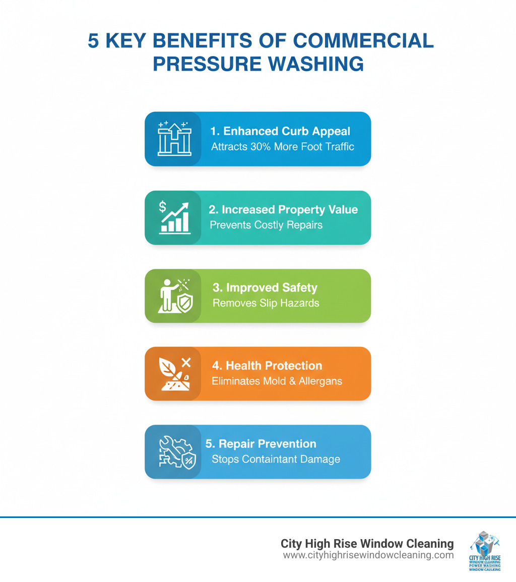 Infographic showing five key benefits of commercial pressure washing: 1. Enhanced Curb Appeal - Clean exteriors attract 30% more foot traffic, 2. Increased Property Value - Regular maintenance prevents costly repairs, 3. Improved Safety - Removes slip hazards like algae and oil stains, 4. Health Protection - Eliminates mold, mildew, and allergens, 5. Repair Prevention - Stops contaminant damage before it starts - commercial pressure washing levittown infographic Infographic showing five key benefits of commercial pressure washing: 1. Enhanced Curb Appeal - Clean exteriors attract 30% more foot traffic, 2. Increased Property Value - Regular maintenance prevents costly repairs, 3. Improved Safety - Removes slip hazards like algae and oil stains, 4. Health Protection - Eliminates mold, mildew, and allergens, 5. Repair Prevention - Stops contaminant damage before it starts - commercial pressure washing levittown infographic