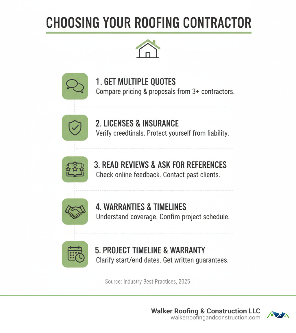 Infographic detailing steps to choose the right roofing contractor, including getting multiple quotes, checking licenses and insurance, reading reviews, asking for references, and inquiring about warranties and project timelines - roofing cost calculator infographic 