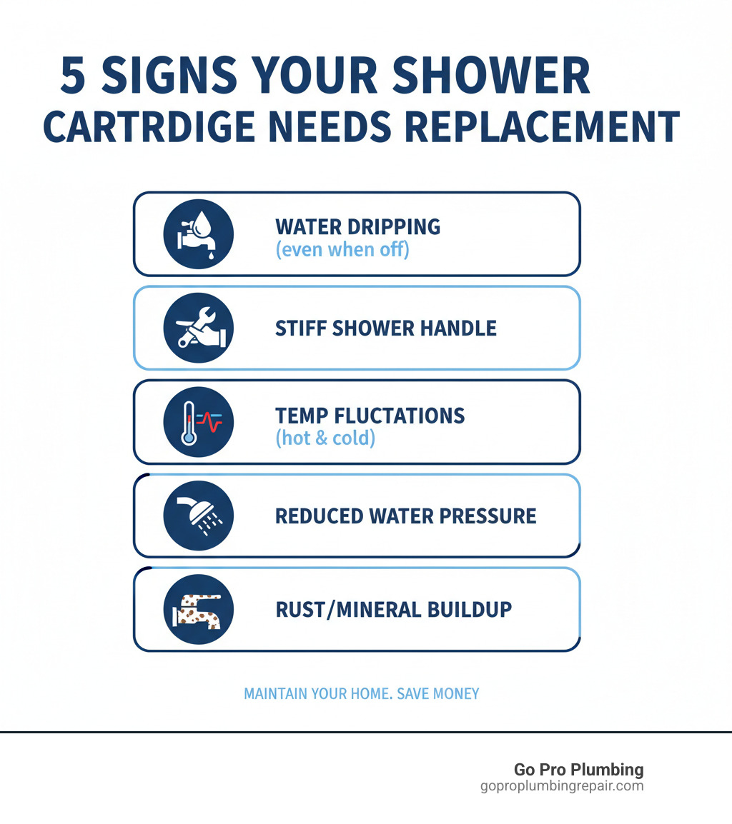 Infographic showing the five main signs your shower cartridge needs replacement: water dripping from the faucet or showerhead even when turned off, shower handle is difficult or stiff to turn, water temperature fluctuates unexpectedly between hot and cold, reduced water pressure from the showerhead, and visible rust or mineral buildup around the faucet handle - shower cartridge replacement infographic 