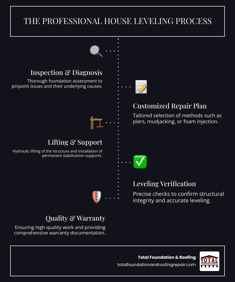 Infographic showing the house leveling process: 1) Comprehensive foundation inspection and diagnosis, 2) Customized repair plan selection (piers, mudjacking, or foam injection), 3) Hydraulic lifting and installation of permanent supports, 4) Final leveling verification and structural stabilization, 5) Quality assurance and warranty documentation - house leveling services infographic infographic-line-5-steps-dark