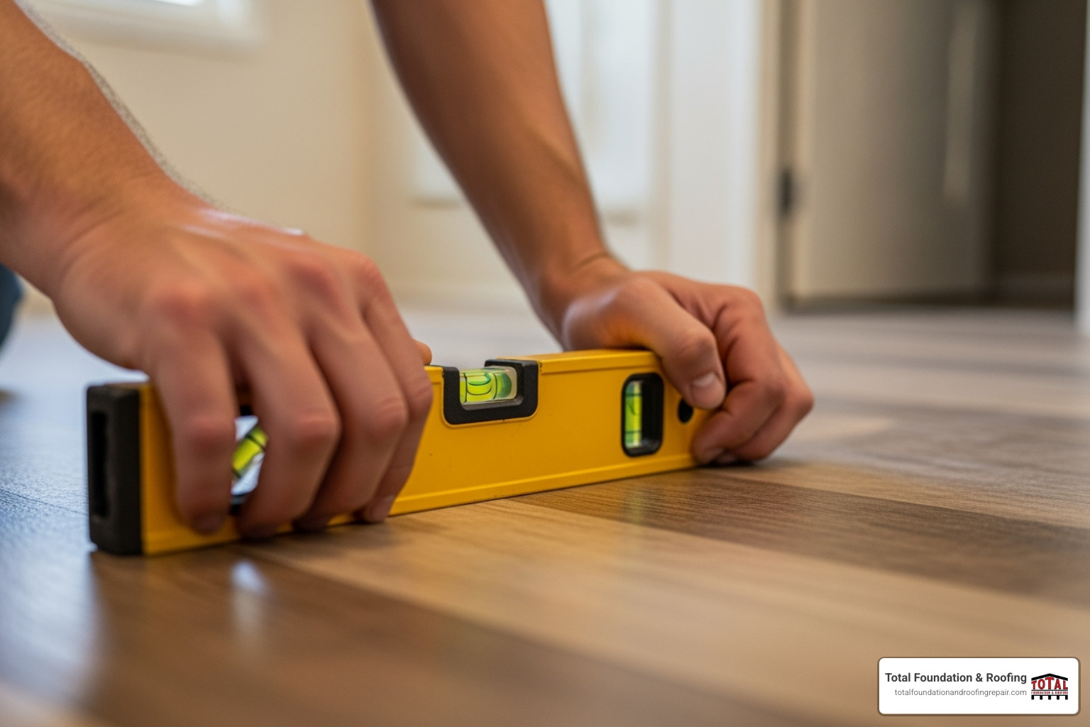 level being used on the floor of a mobile home - house leveling services