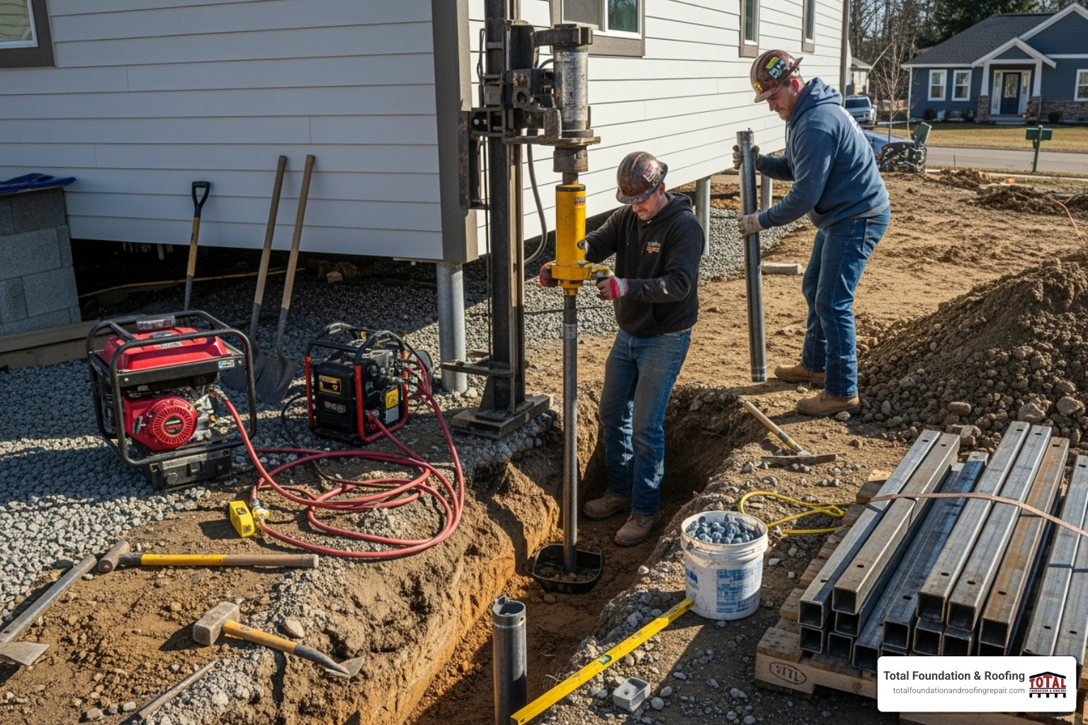 workers installing foundation piers under a house - house leveling services