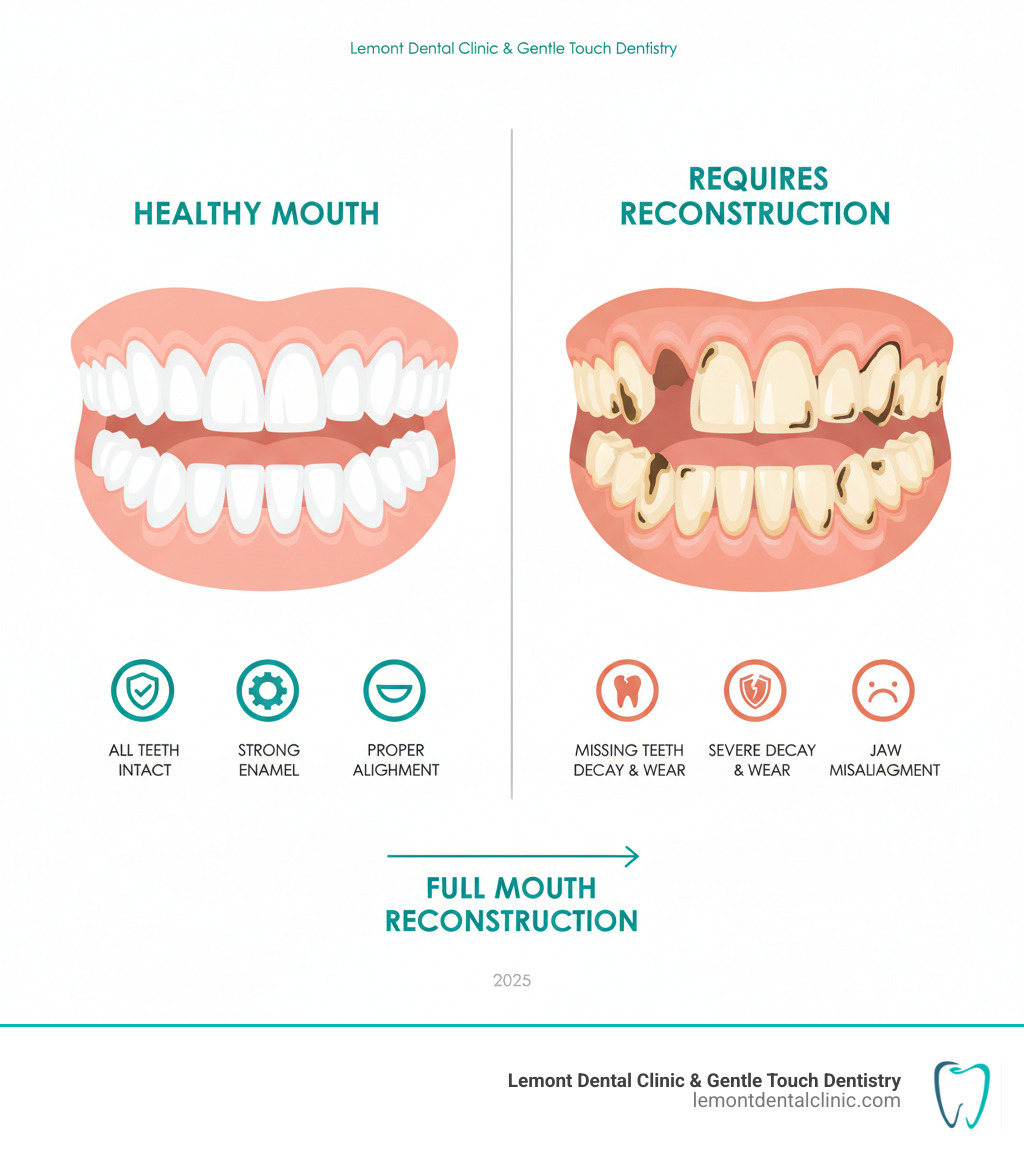 infographic showing the difference between a healthy mouth with all teeth intact and a mouth requiring full mouth reconstruction with multiple missing teeth, severe decay, worn enamel, and jaw misalignment - Full mouth reconstruction infographic infographic showing the difference between a healthy mouth with all teeth intact and a mouth requiring full mouth reconstruction with multiple missing teeth, severe decay, worn enamel, and jaw misalignment - Full mouth reconstruction infographic
