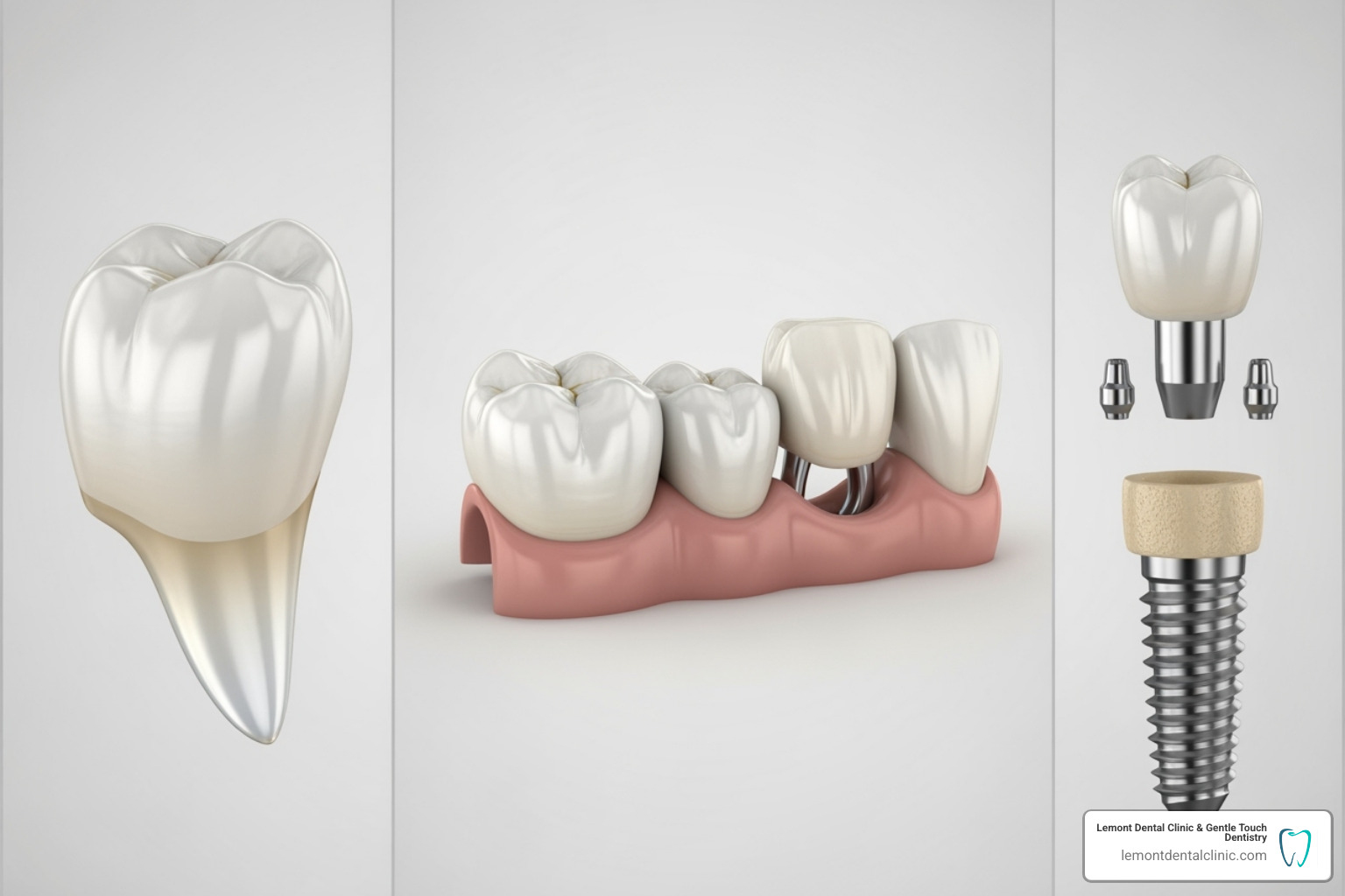 A collage showing a dental crown, a dental bridge, and a dental implant with its abutment and crown - Full mouth reconstruction A collage showing a dental crown, a dental bridge, and a dental implant with its abutment and crown - Full mouth reconstruction