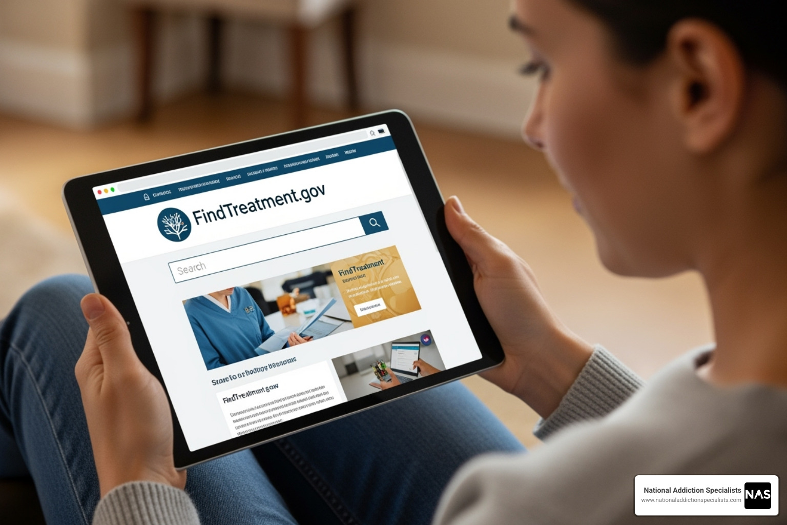Person browsing the FindTreatment.gov website on a tablet. - Confidential addiction treatment