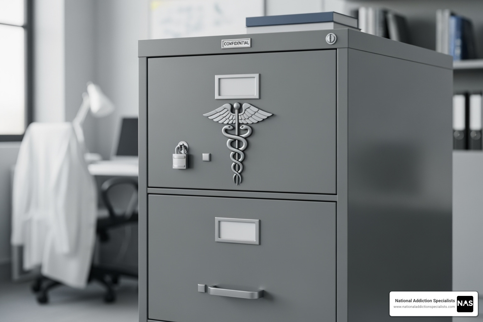 Locked file cabinet with a medical symbol, representing secure health records. - Confidential addiction treatment