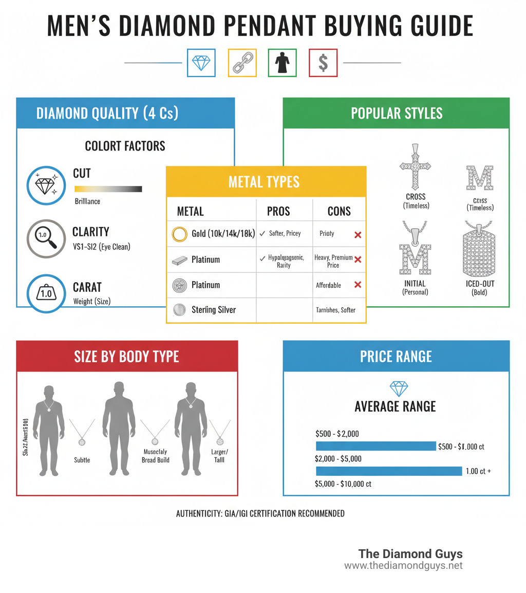 infographic showing men's diamond pendant buying guide with sections for diamond quality factors, metal type comparison chart, popular pendant styles with images, size recommendations by body type, and average price ranges by carat weight - real diamond pendant mens infographic infographic showing men's diamond pendant buying guide with sections for diamond quality factors, metal type comparison chart, popular pendant styles with images, size recommendations by body type, and average price ranges by carat weight - real diamond pendant mens infographic