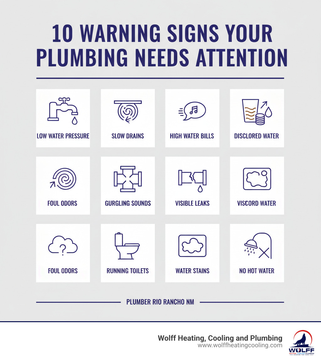 infographic showing 10 warning signs your plumbing needs attention including low water pressure, slow drains, gurgling sounds, high water bills, discolored water, foul odors, visible leaks, running toilets, water stains, and no hot water - plumber rio rancho nm infographic infographic showing 10 warning signs your plumbing needs attention including low water pressure, slow drains, gurgling sounds, high water bills, discolored water, foul odors, visible leaks, running toilets, water stains, and no hot water - plumber rio rancho nm infographic