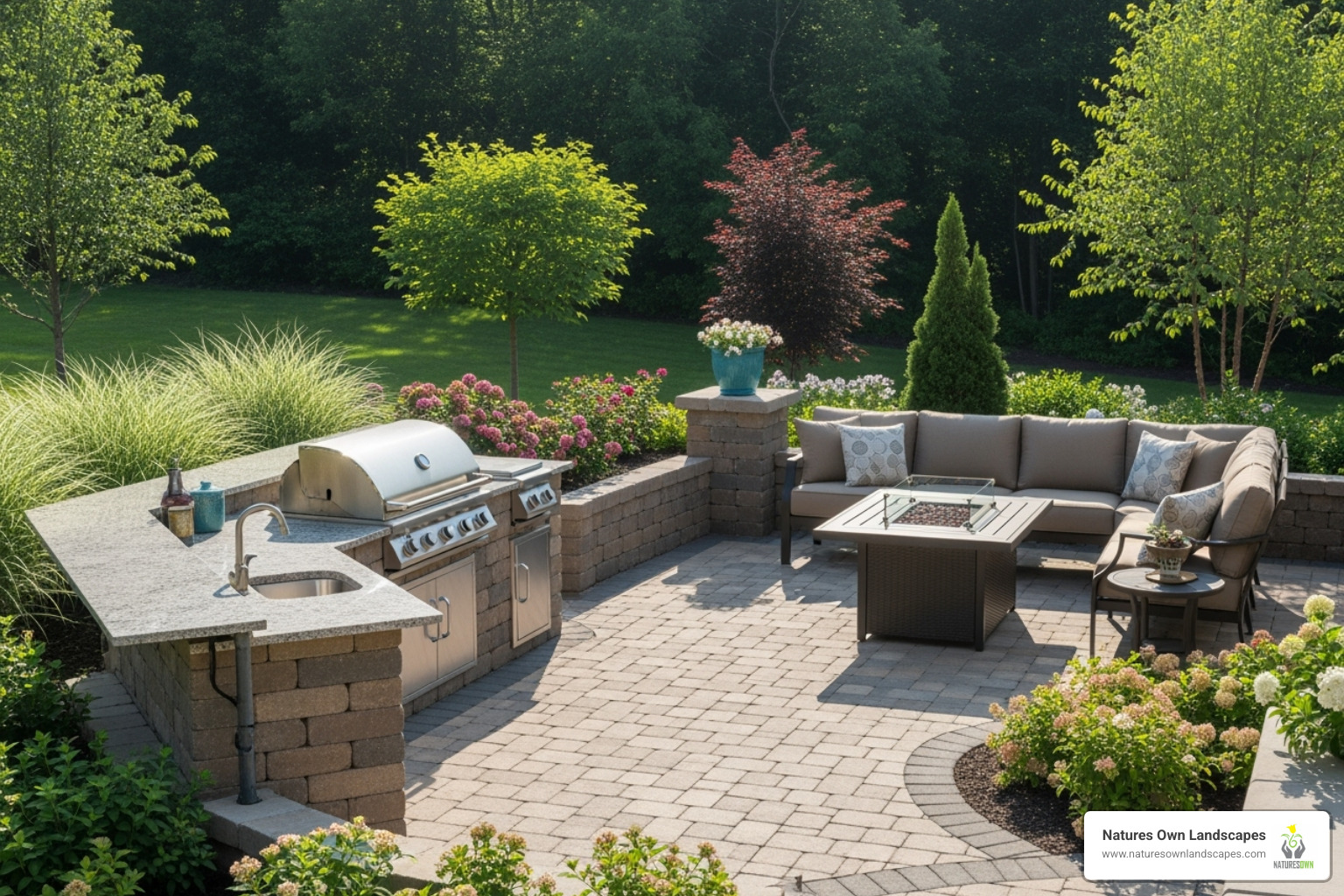 Stunning paver patio with an outdoor kitchen in a residential backyard - landscaping companies ohio
