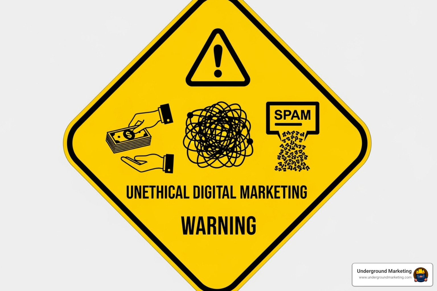 A warning sign with icons representing spammy link practices such as money for links, private blog networks, and keyword stuffing - backlinks digital marketing