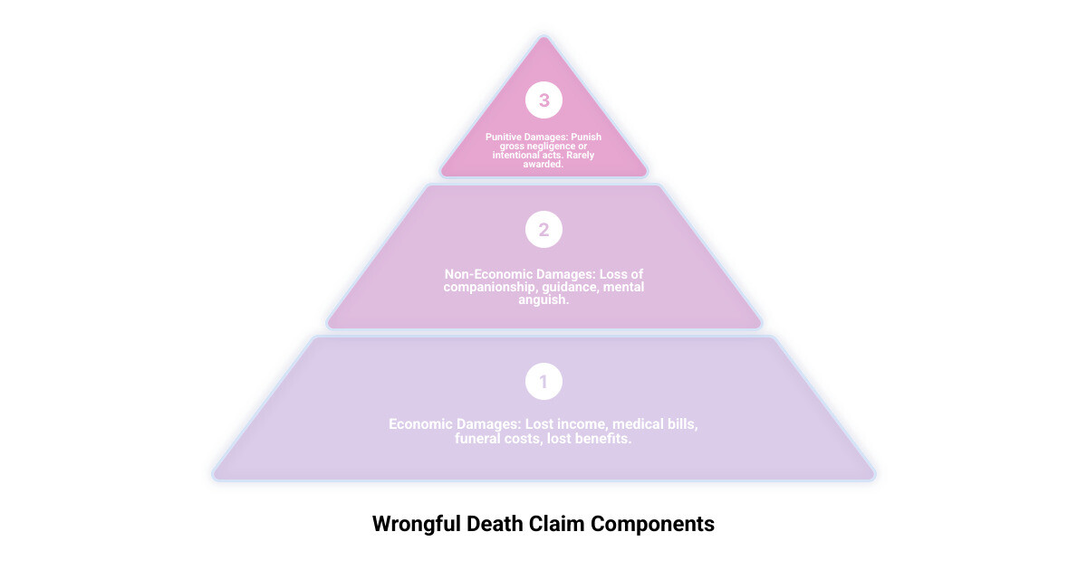 Infographic showing three columns: Economic Damages (funeral costs, lost wages, medical bills), Non-Economic Damages (loss of companionship, emotional suffering, loss of guidance), and Punitive Damages (awarded for gross negligence or intentional harm). Each column includes icons and brief explanations of how these components contribute to the total wrongful death claim amount. - wrongful death claim amount infographic 3_stage_pyramid