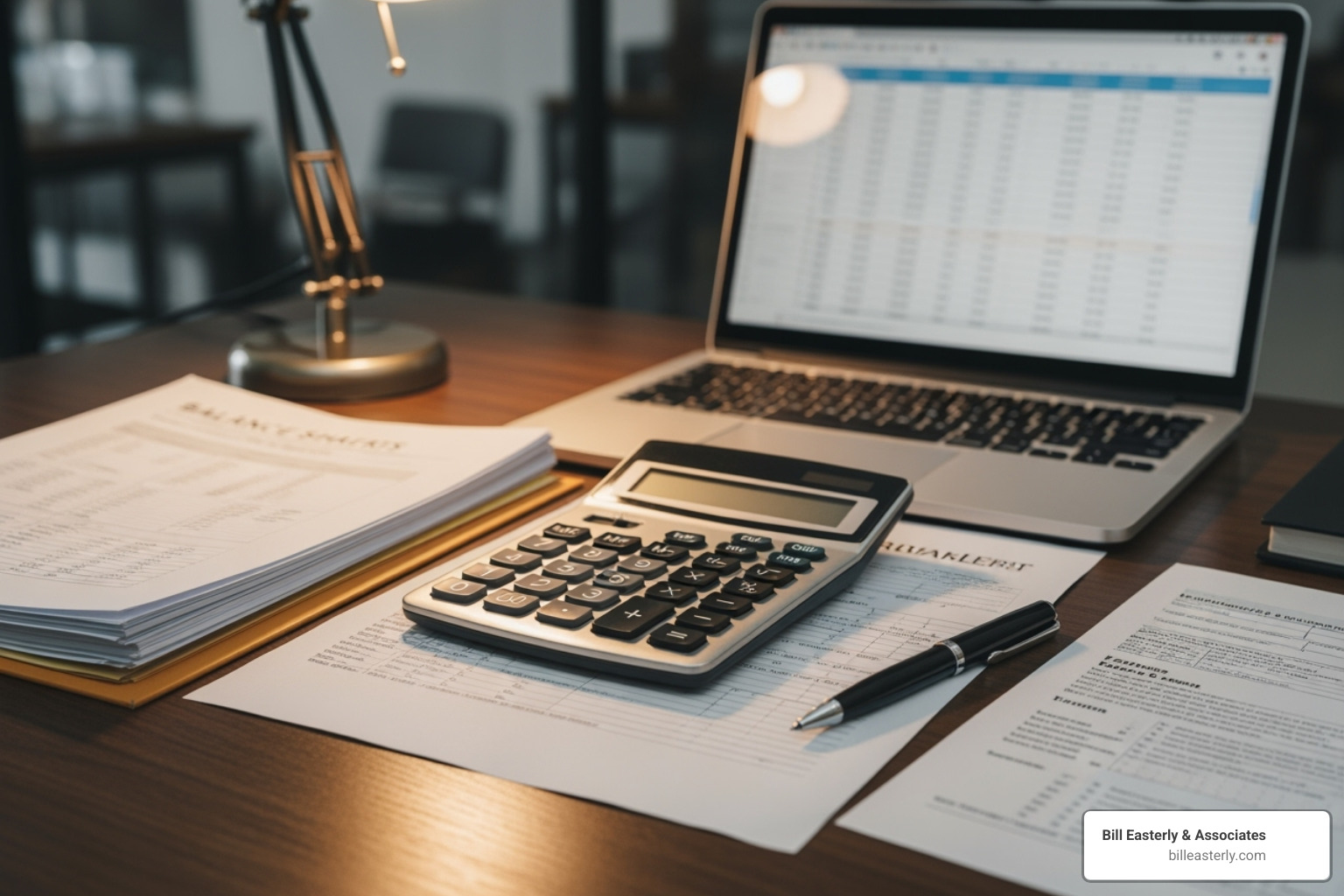 A calculator and pen on a desk with financial documents - Tennessee wrongful death law