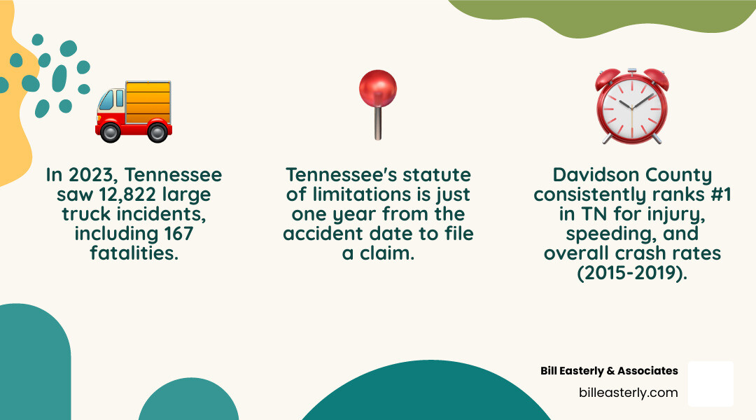 Infographic showing Tennessee truck accident statistics for 2023: 12,822 total large truck incidents, 167 fatalities, Davidson County ranked #1 for injury crashes and overall crash rates 2015-2019, statute of limitations is 1 year, modified comparative negligence allows recovery if less than 50% at fault, multiple parties can be held liable including drivers, trucking companies, maintenance providers and manufacturers - Truck accident lawyer Nashville infographic 3_facts_emoji_nature