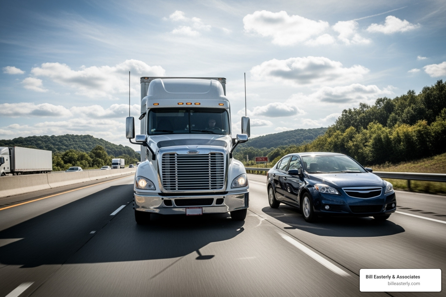 A commercial semi-truck driving on a highway next to a small passenger car, illustrating the significant size difference - Truck accident lawyer Nashville