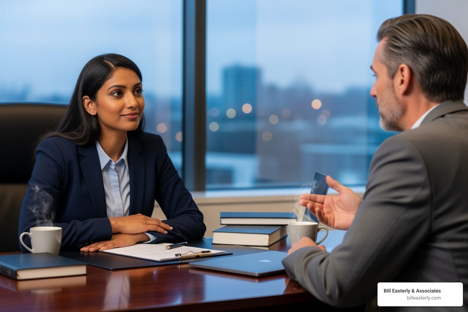 A compassionate lawyer in a modern office setting is attentively listening to a client, who is speaking and gesturing, conveying a sense of understanding and support. - Truck accident lawyer Nashville