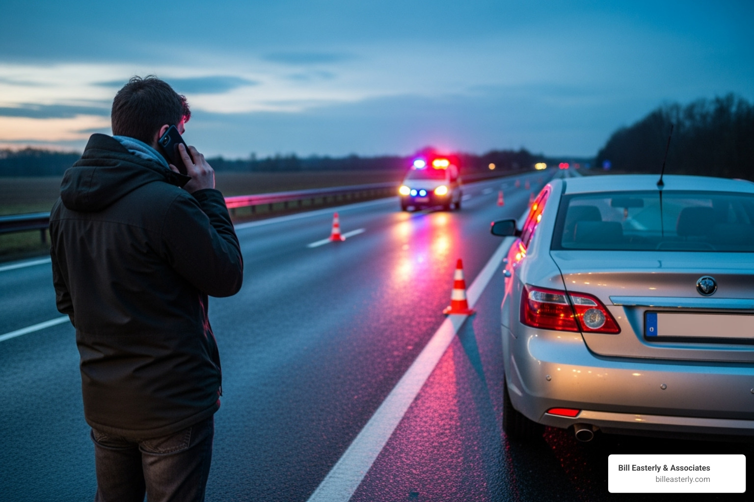 Person safely pulled over on the side of a Nashville road, on the phone after a car accident, with emergency lights in the background - Truck accident lawyer Nashville