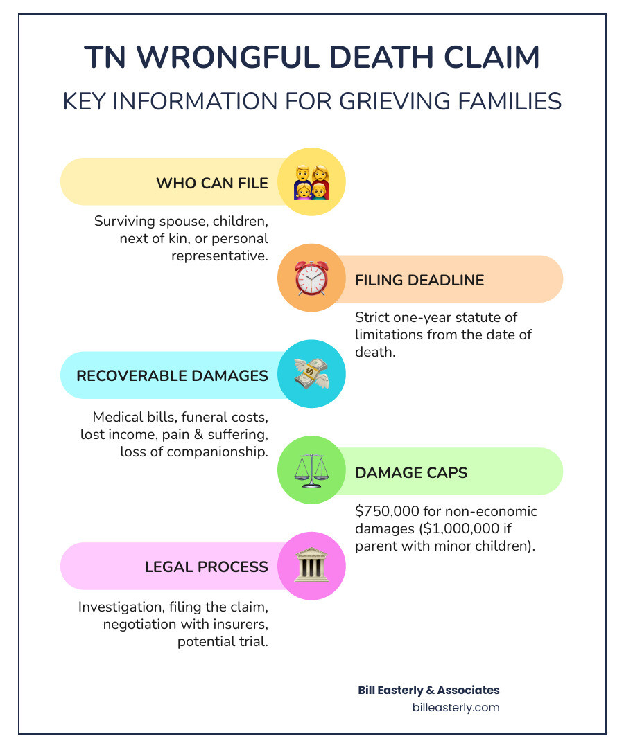 Tennessee wrongful death claim process infographic showing: 1) Eligible filers (spouse, children, next of kin, personal representative), 2) One-year statute of limitations clock, 3) Types of recoverable damages (economic and non-economic), 4) Damage caps ($750,000 standard, $1,000,000 for parent with minor children), 5) Steps in the legal process (investigation, filing, negotiation, trial if needed) - wrongful death attorney tennessee infographic infographic-line-5-steps-colors