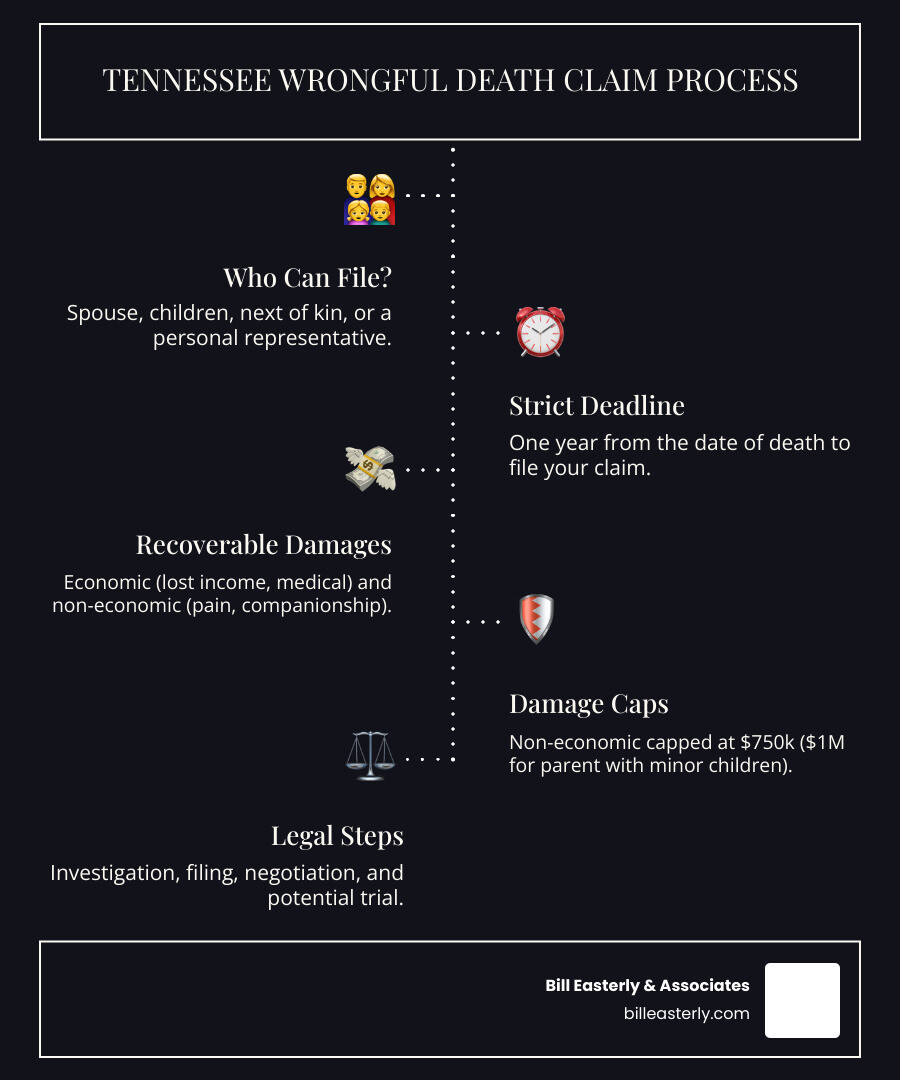 Elements of a wrongful death claim including Duty, Breach, Causation, and Damages - wrongful death attorney tennessee infographic infographic-line-5-steps-dark