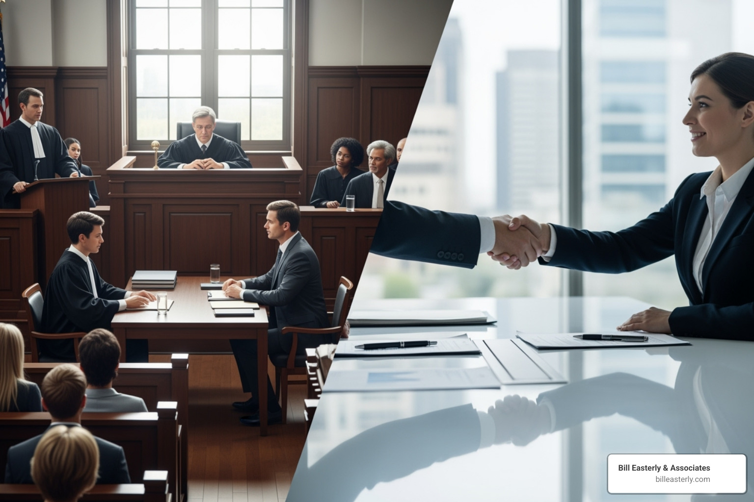 A split image: one side shows a formal courtroom setting with a judge and jury, representing a trial; the other side shows two people shaking hands across a negotiation table, representing a settlement. - wrongful death attorney fees
