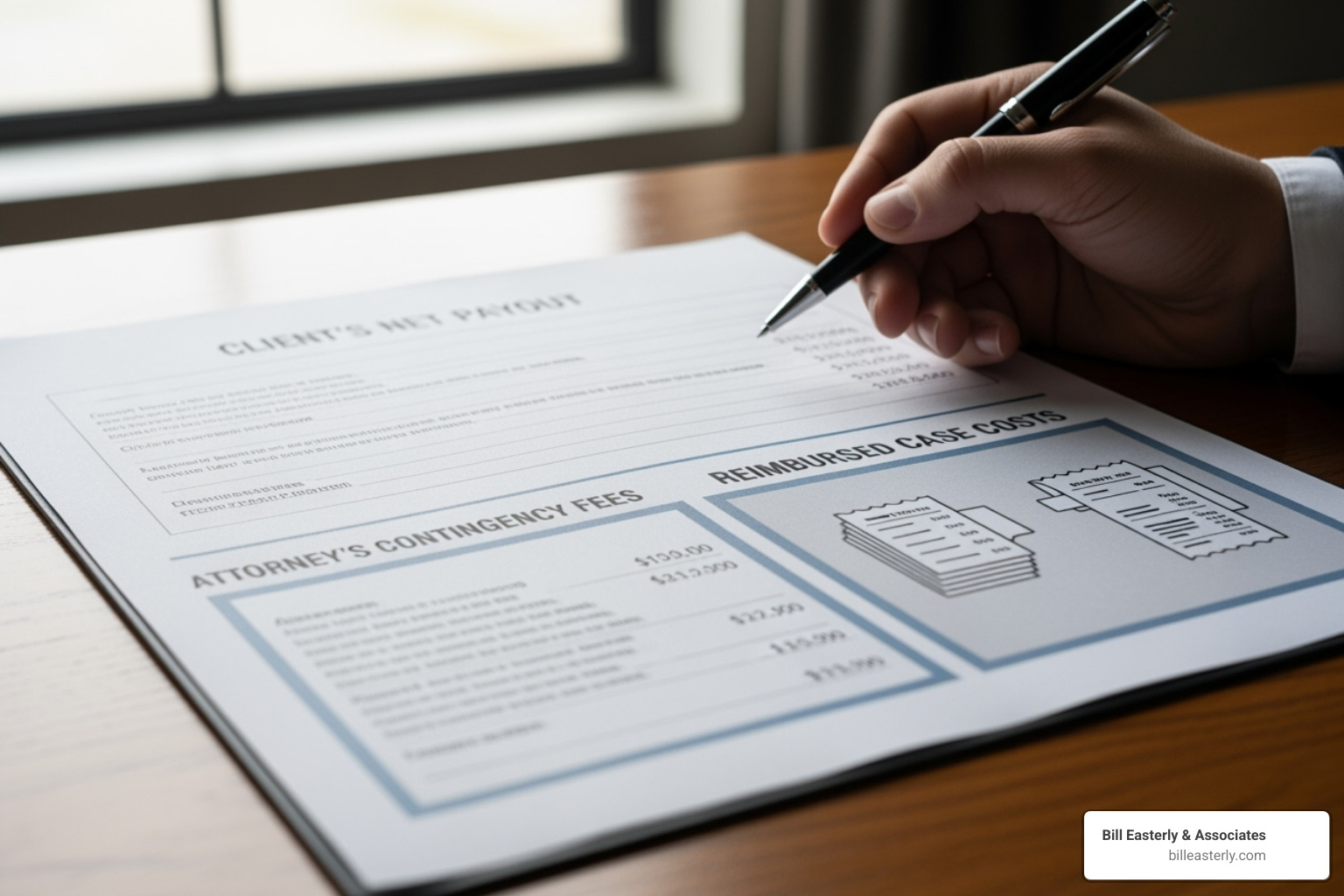 A detailed financial document illustrating the breakdown of a wrongful death settlement, showing distinct sections for the client's net payout, the attorney's contingency fees, and reimbursed case costs, all clearly labeled. - wrongful death attorney fees