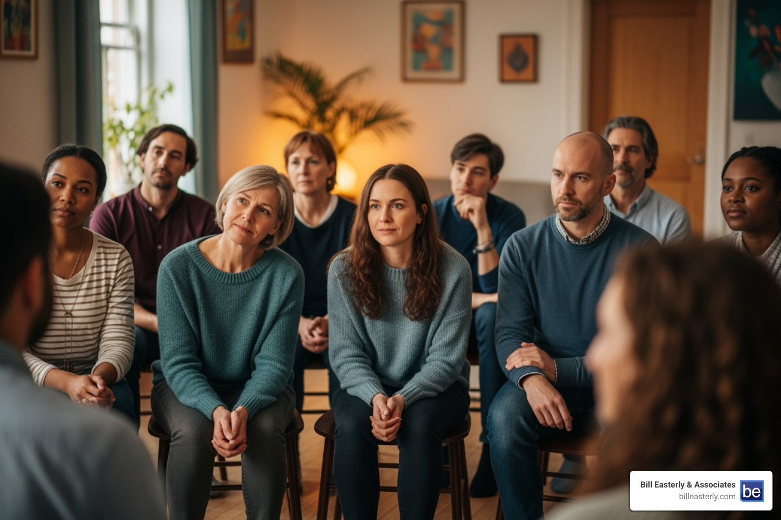 Image of a community support group meeting, with diverse individuals listening attentively to a speaker, conveying empathy and shared experience. - Traumatic brain injury Nashville