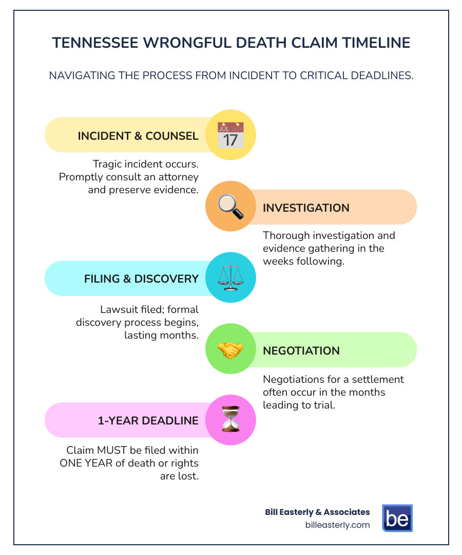 Infographic showing the Tennessee wrongful death claim timeline: Day 1 - Tragic incident occurs; Within days - Consult attorney, preserve evidence; Weeks 1-3 - Investigation and evidence gathering; Months 1-6 - File lawsuit, discovery process; Months 6-12 - Negotiation and potential settlement; Before 1 year - Deadline to file claim from date of death; After 1 year - Right to file claim expires forever - wrongful death claim Tennessee infographic infographic-line-5-steps-colors