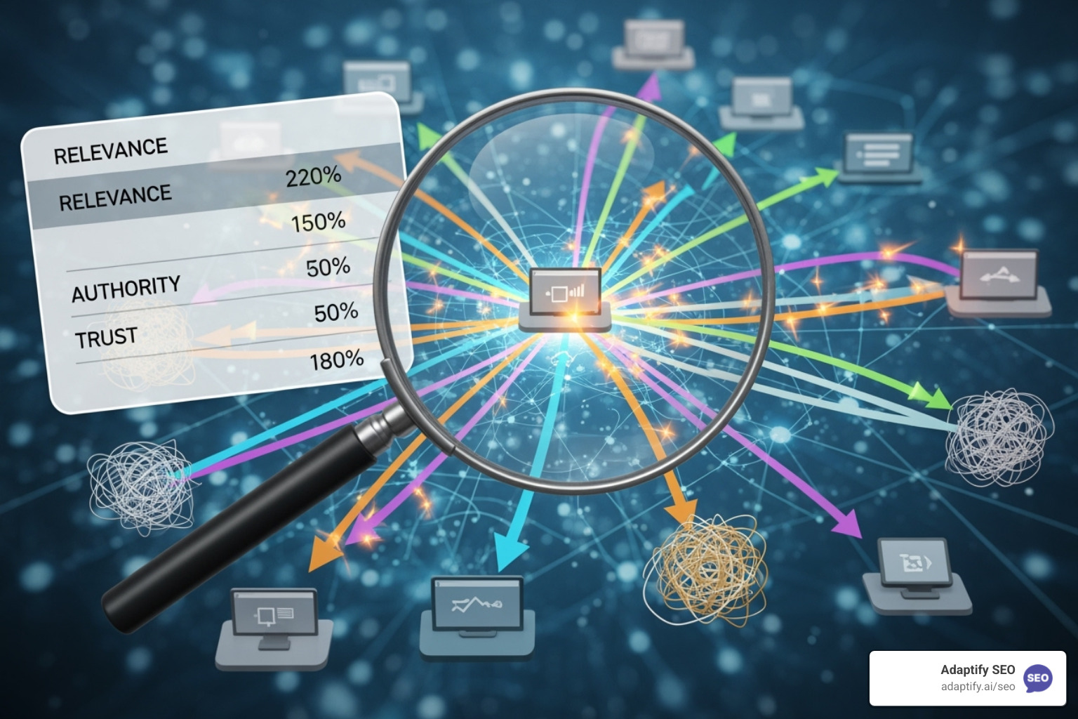 Magnifying glass over a list of backlinks - backlink quality score