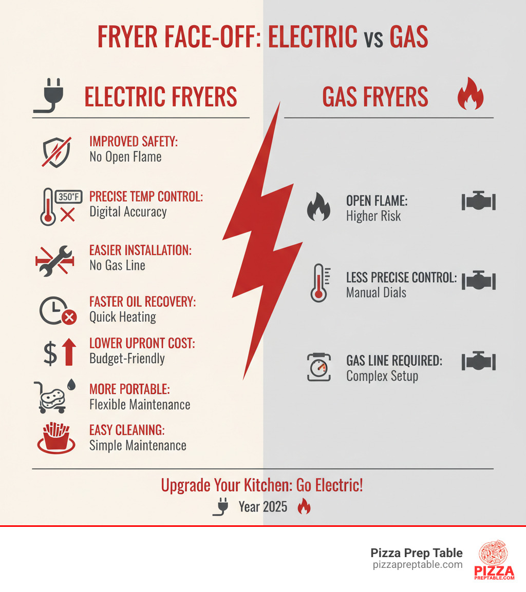 infographic comparing electric vs gas deep fryers showing benefits of electric fryers including no open flame for improved safety, precise digital temperature control, no gas line required for easier installation, faster oil recovery times, lower upfront costs, more portable and flexible placement, easier to clean and maintain, and consistent cooking temperatures - commercial electric deep fryers for sale infographic infographic comparing electric vs gas deep fryers showing benefits of electric fryers including no open flame for improved safety, precise digital temperature control, no gas line required for easier installation, faster oil recovery times, lower upfront costs, more portable and flexible placement, easier to clean and maintain, and consistent cooking temperatures - commercial electric deep fryers for sale infographic