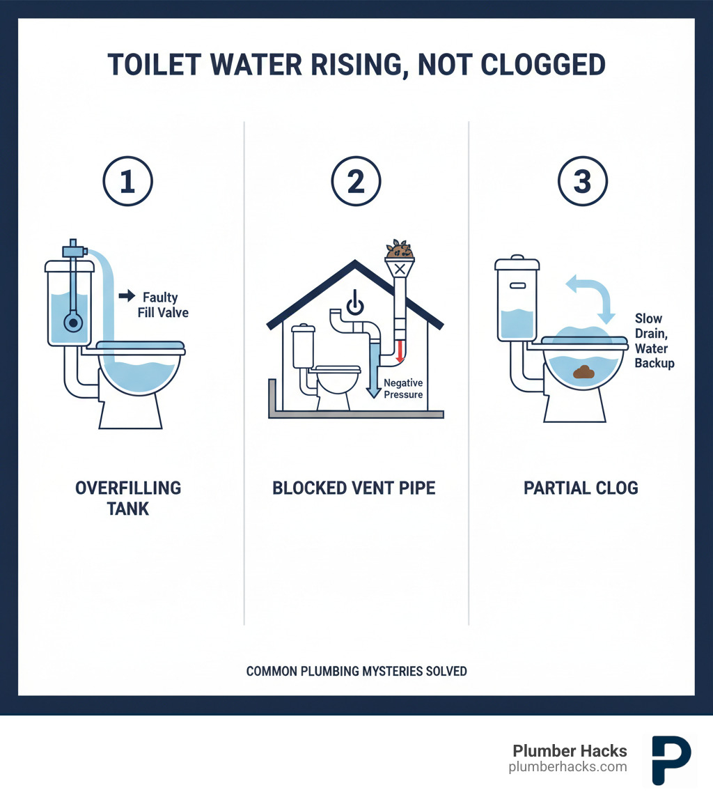 Infographic showing three scenarios: 1) Tank issue with fill valve overflowing into bowl, 2) Blocked vent pipe creating negative pressure in drain line, 3) Partial clog allowing slow drainage but causing water backup during flush - toilet water rising but not clogged infographic 