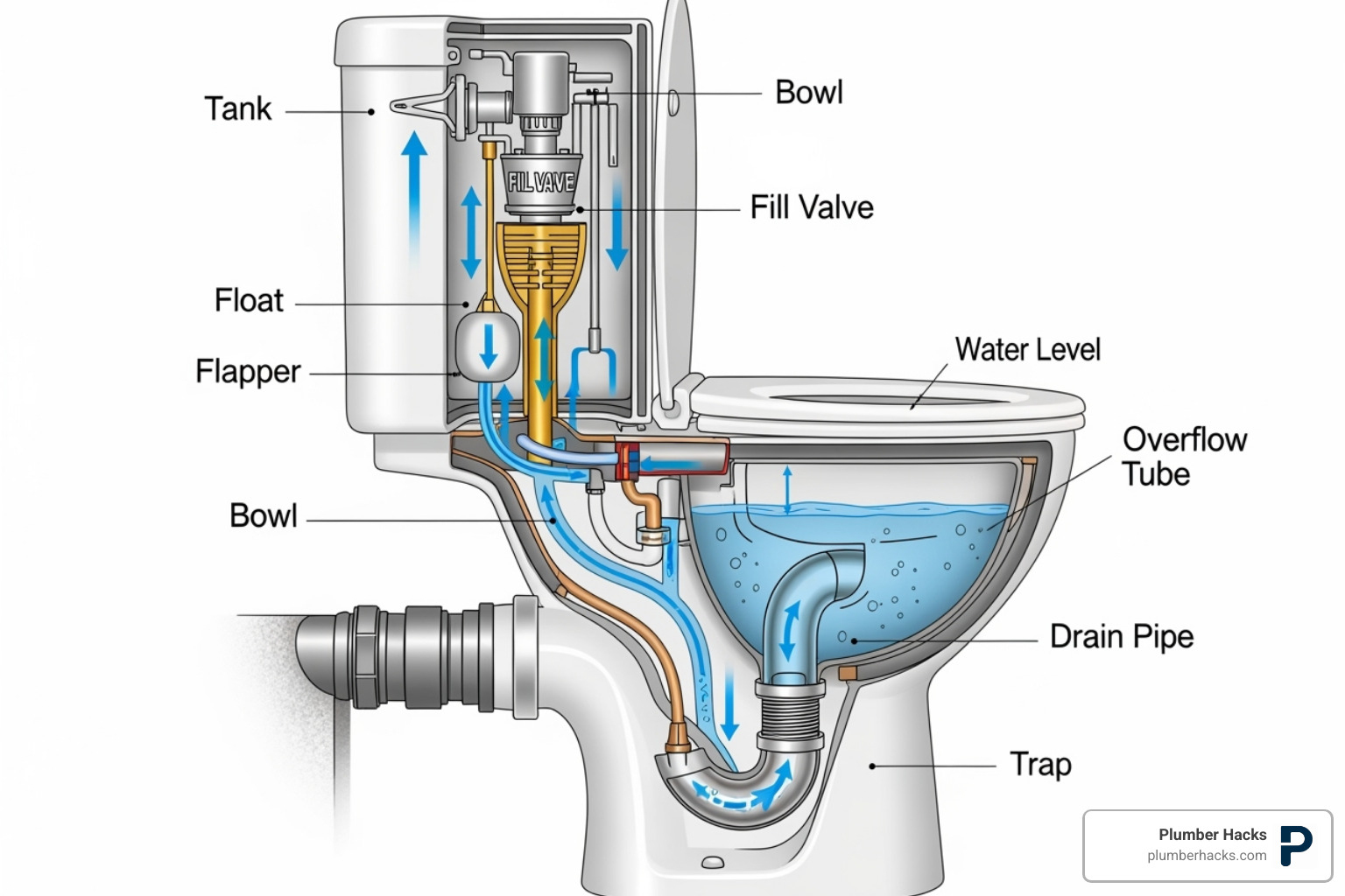 Cutaway diagram of a toilet and plumbing system - toilet water rising but not clogged