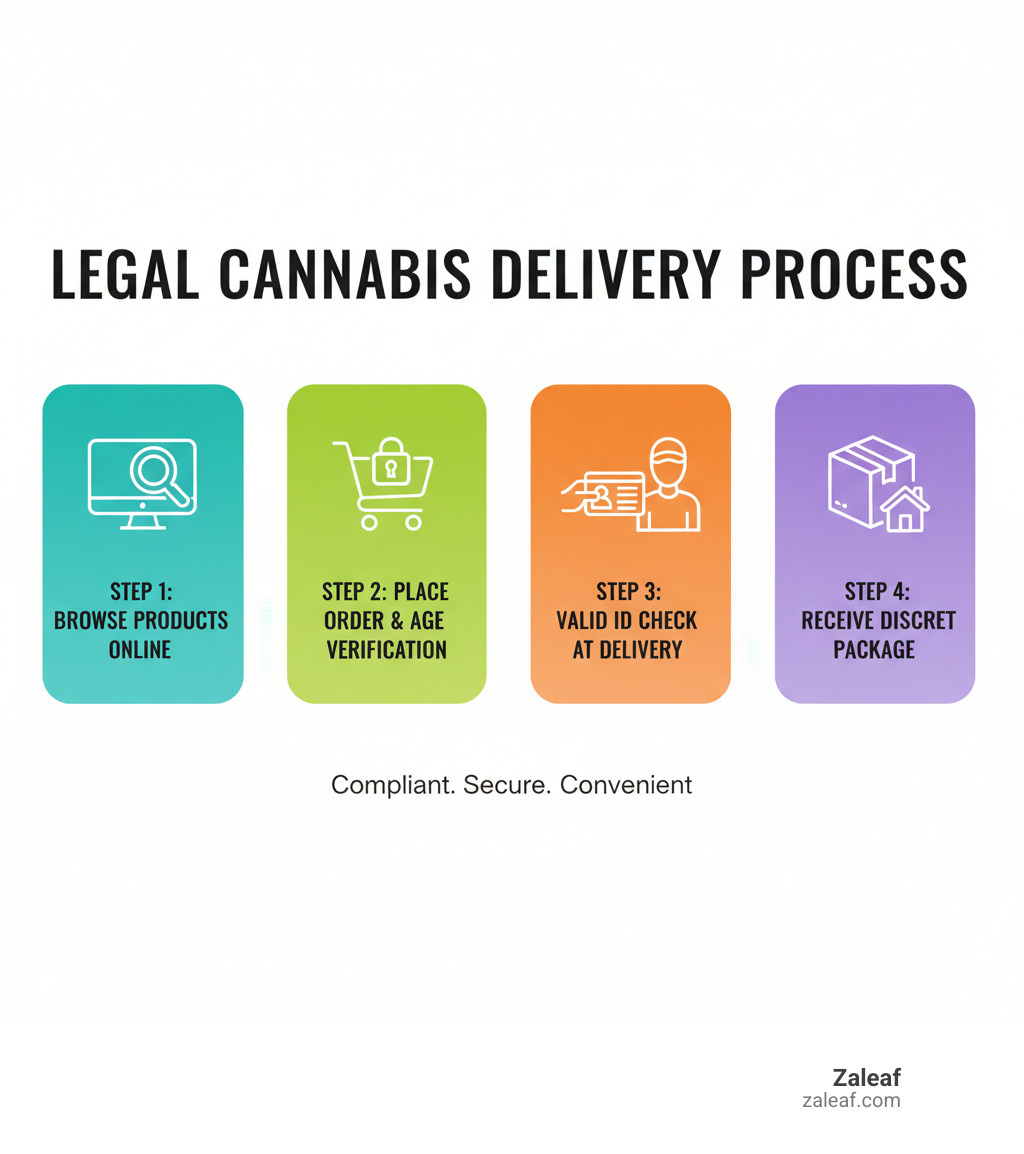 Infographic showing the legal cannabis delivery process: Step 1 - Browse compliant products online, Step 2 - Place order with age verification, Step 3 - Valid ID checked at delivery, Step 4 - Receive discreet package at your private residence - legal cannabis delivery infographic 