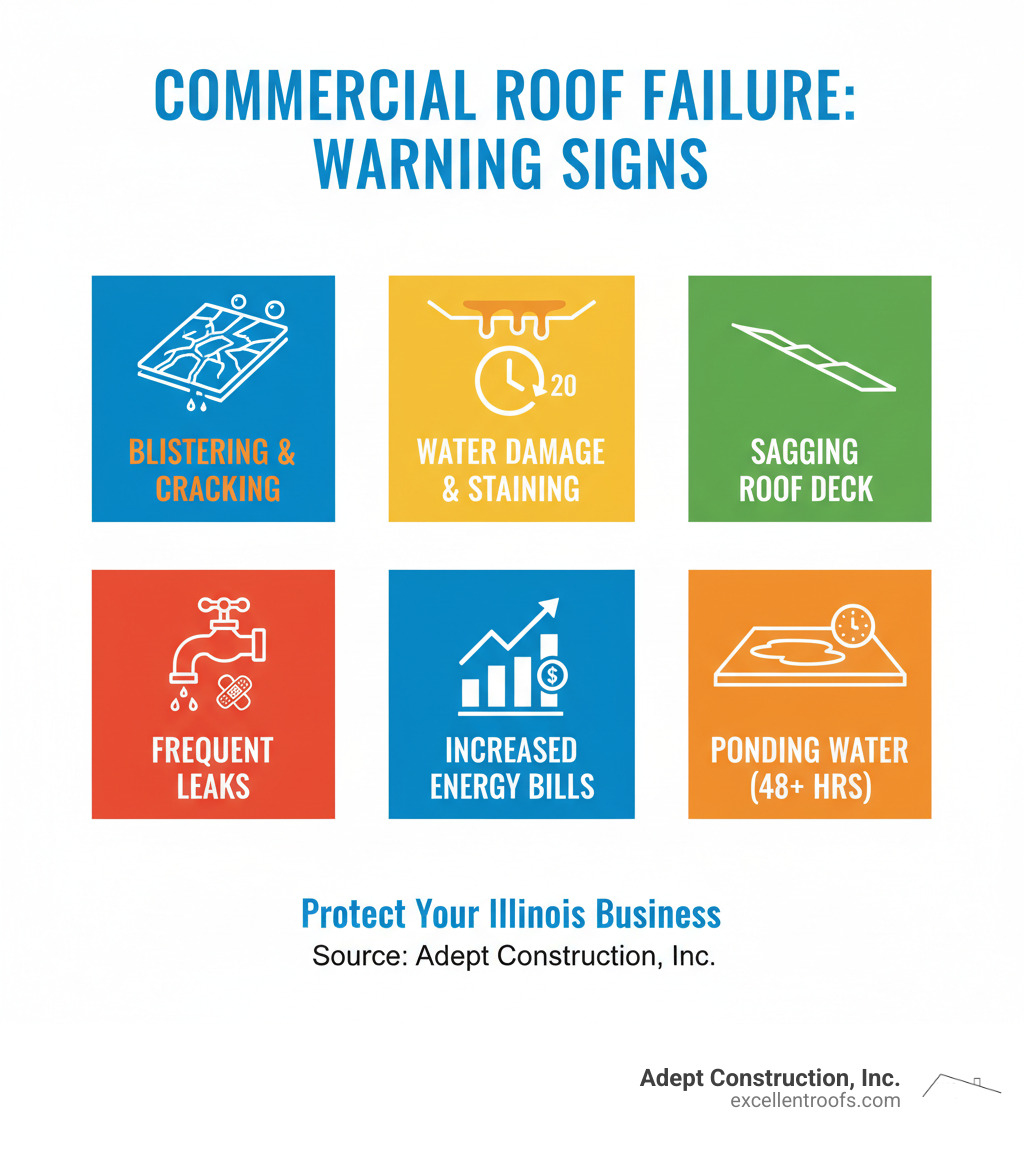 Infographic showing critical warning signs of commercial roof failure including widespread blistering and cracking, extensive water damage and staining, roof age exceeding 20-25 years, visible sagging or uneven roof deck, frequent recurring leaks despite repairs, dramatically increased energy bills, and ponding water that remains 48 hours after rainfall - commercial roof replacement Illinois infographic Infographic showing critical warning signs of commercial roof failure including widespread blistering and cracking, extensive water damage and staining, roof age exceeding 20-25 years, visible sagging or uneven roof deck, frequent recurring leaks despite repairs, dramatically increased energy bills, and ponding water that remains 48 hours after rainfall - commercial roof replacement Illinois infographic