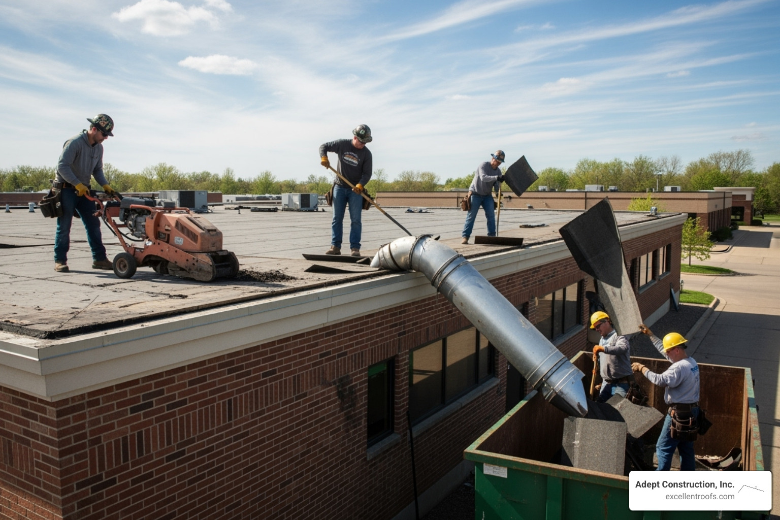 Roofing crew performing a tear-off on a commercial building - commercial roof replacement Illinois Roofing crew performing a tear-off on a commercial building - commercial roof replacement Illinois