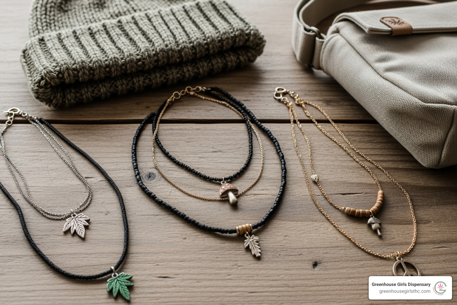 various stoner-friendly accessories like a beanie, layered necklaces, and a crossbody bag - stoner outfits