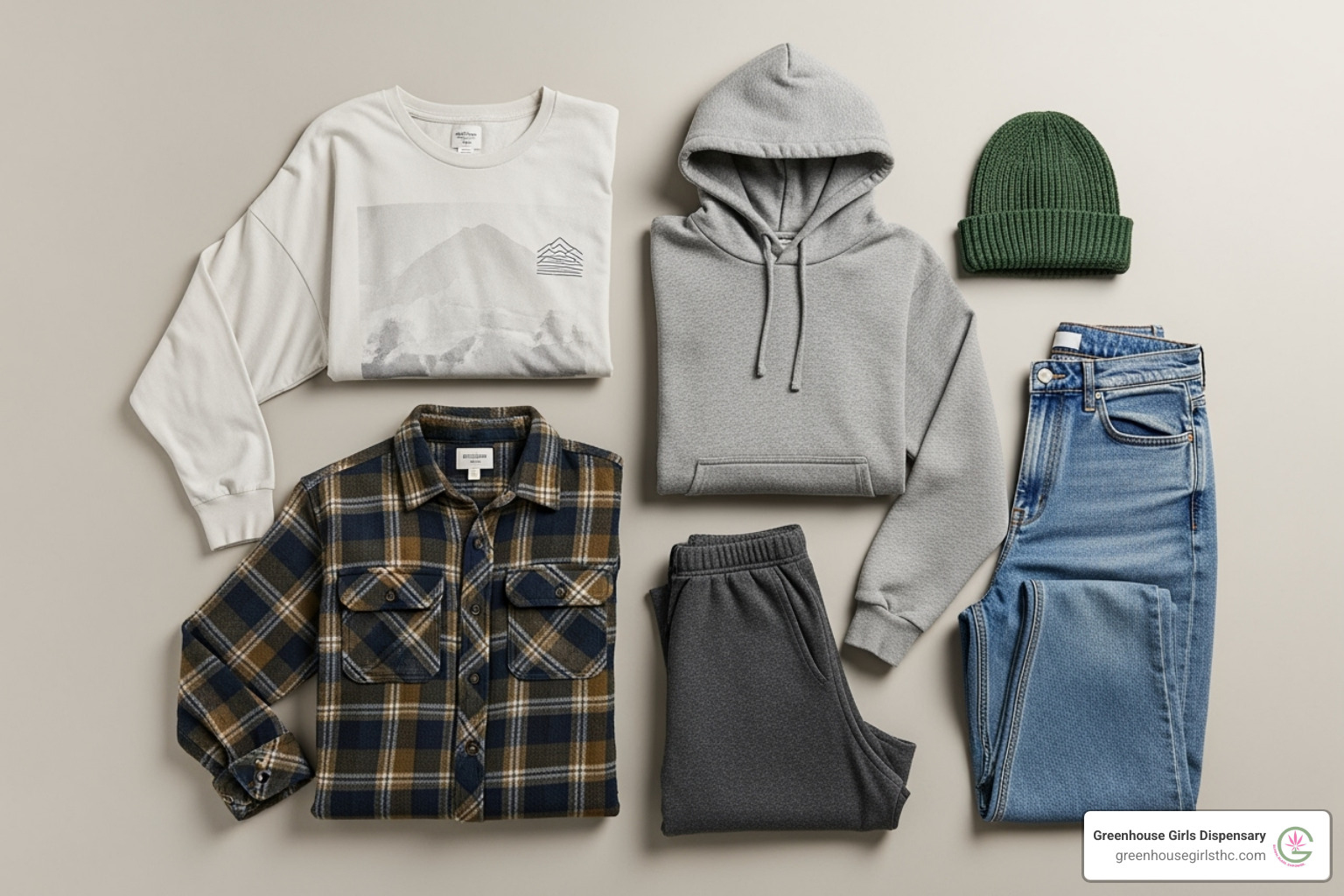 flat lay of essential stoner clothing items - stoner outfits