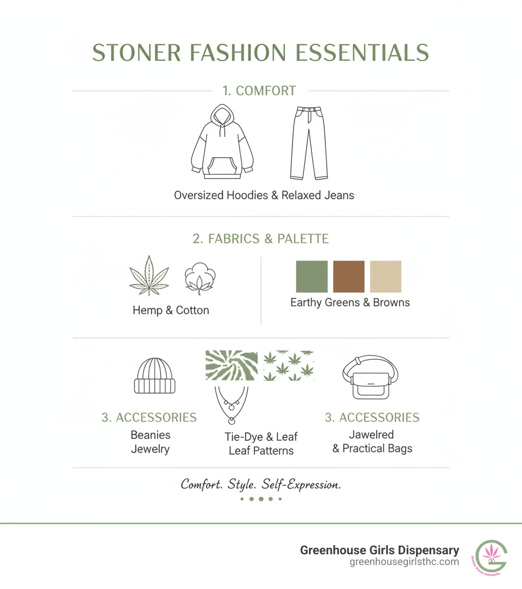 Infographic showing the essential components of stoner fashion: comfortable clothing like oversized hoodies and relaxed jeans at the top, natural fabrics including hemp and cotton in the middle section, a color palette featuring earthy greens and browns, patterns like tie-dye and leaf motifs, and accessories including beanies, layered jewelry, and practical bags at the bottom - stoner outfits infographic 