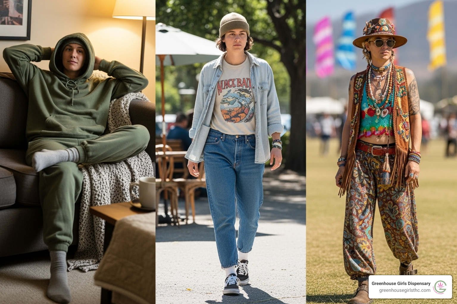 three different stoner outfits for home, casual outing, and a festival - stoner outfits