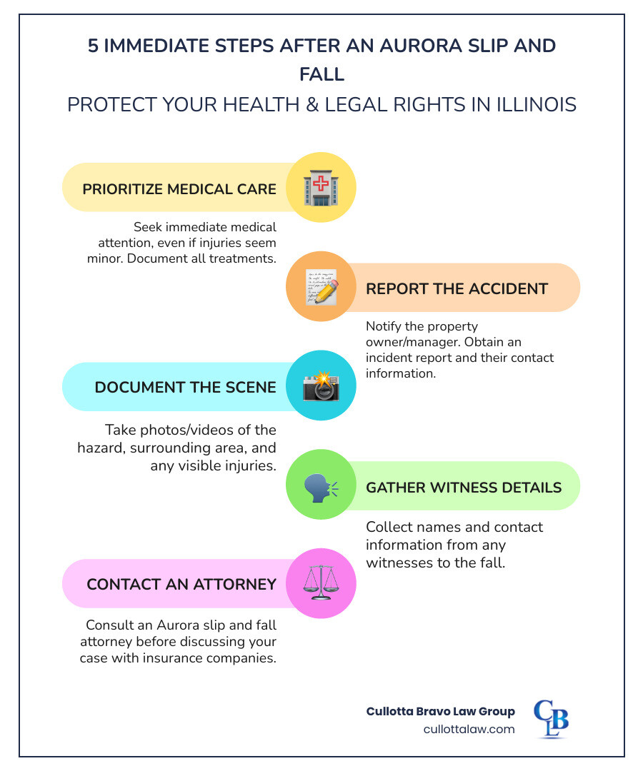 Infographic showing 5 immediate steps after a slip and fall: 1. Seek medical attention immediately, even if injuries seem minor. 2. Report the incident to the property owner or manager and get their contact information. 3. Take photos of the hazard, surrounding area, and your injuries. 4. Collect witness names and contact details. 5. Contact an experienced slip and fall attorney before speaking with insurance adjusters. - aurora slip and fall accident attorney infographic infographic-line-5-steps-colors