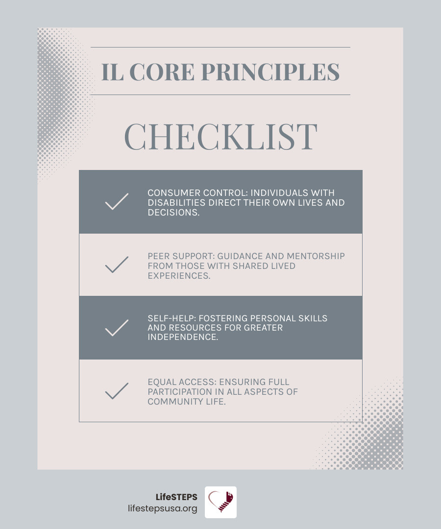 infographic showing the core principles of independent living movement including consumer control at the center, surrounded by peer support, self-determination, equal access to housing and community services, individual advocacy for personal rights, and systems advocacy for policy change, with statistics showing 354 Centers for Independent Living serve over 200000 individuals nationwide with 93 percent housing retention rates - Resources for independent living infographic checklist-light-blue-grey