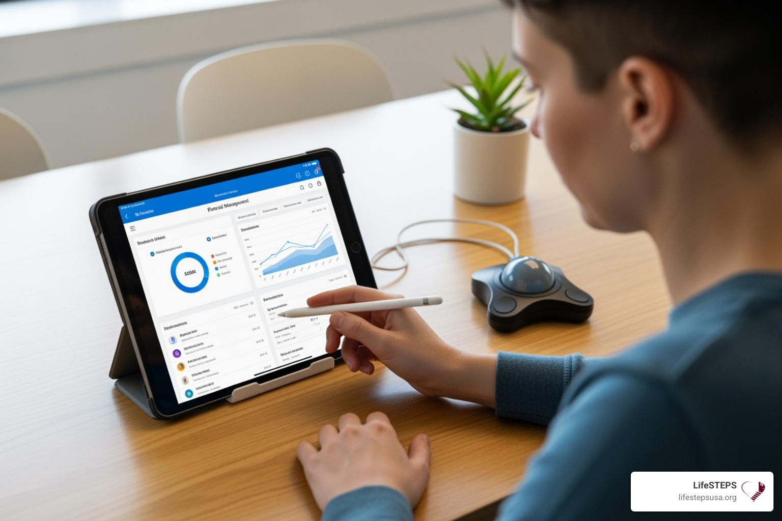 individual using assistive technology on a tablet to manage their finances - Resources for independent living